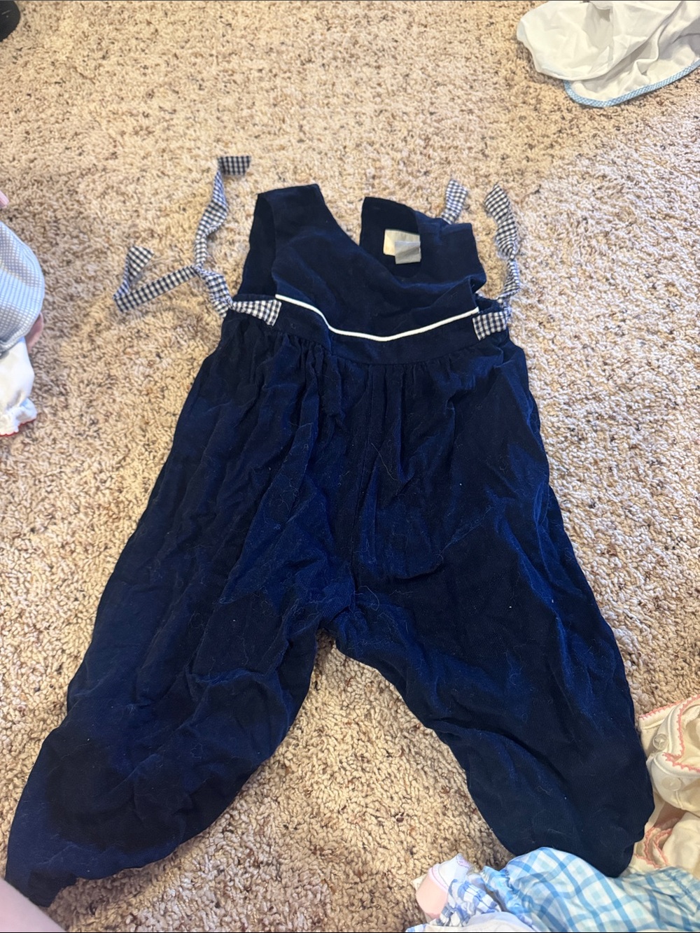 Hannah Navy Velvet Overalls with Gingham Ties